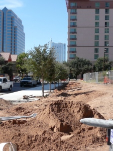 View West along 4th St, trees and sidewalks being installed